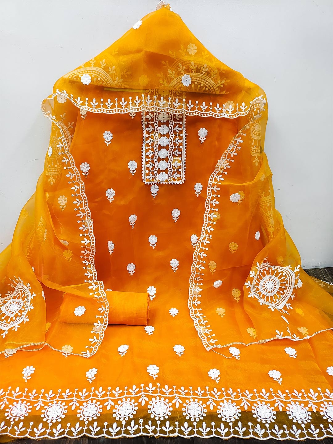 

MANVAA Floral Embroidered Organza Unstitched Dress Material, Yellow
