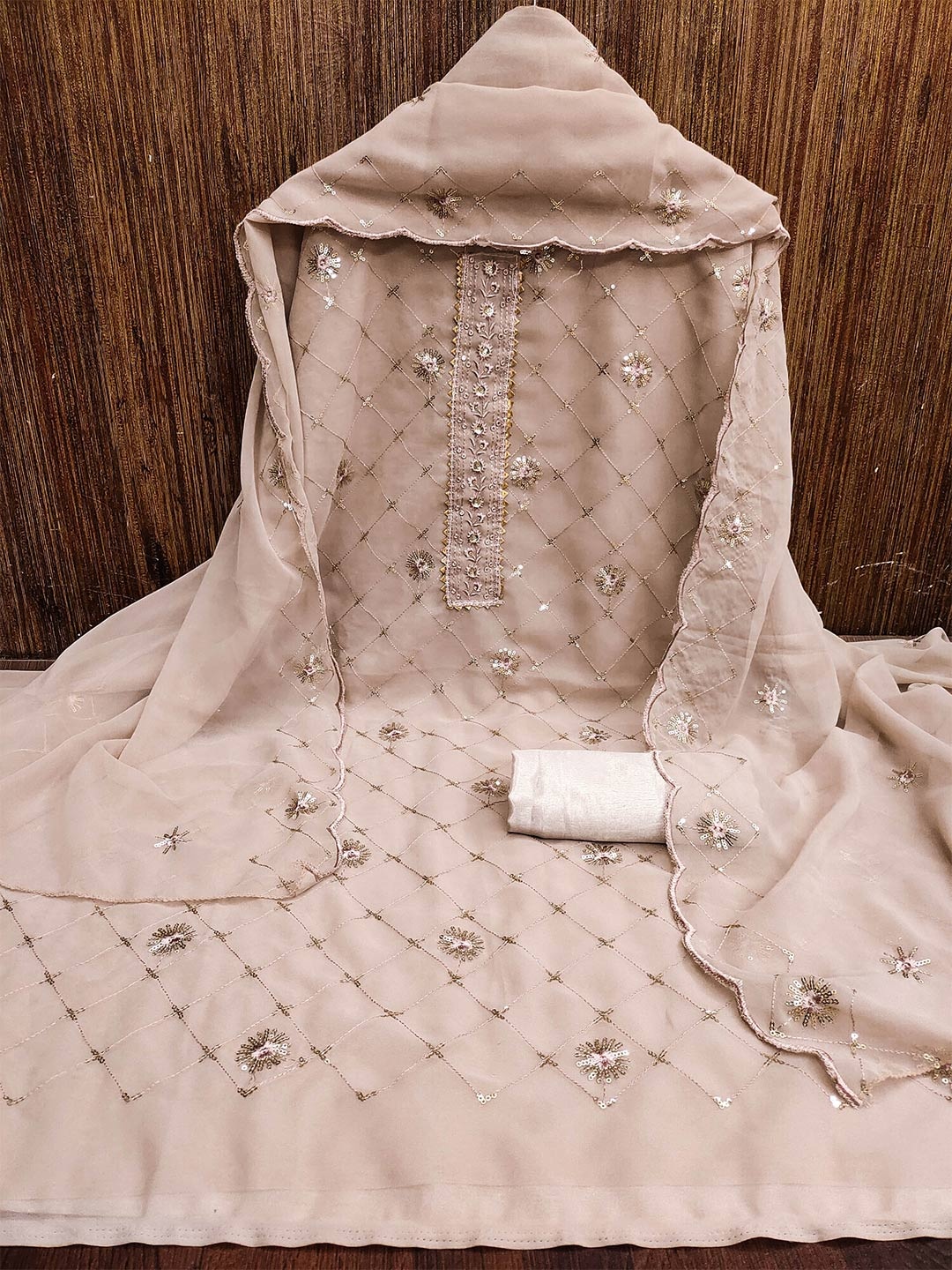 

MANVAA Embroidered Georgette Unstitched Dress Material, Beige