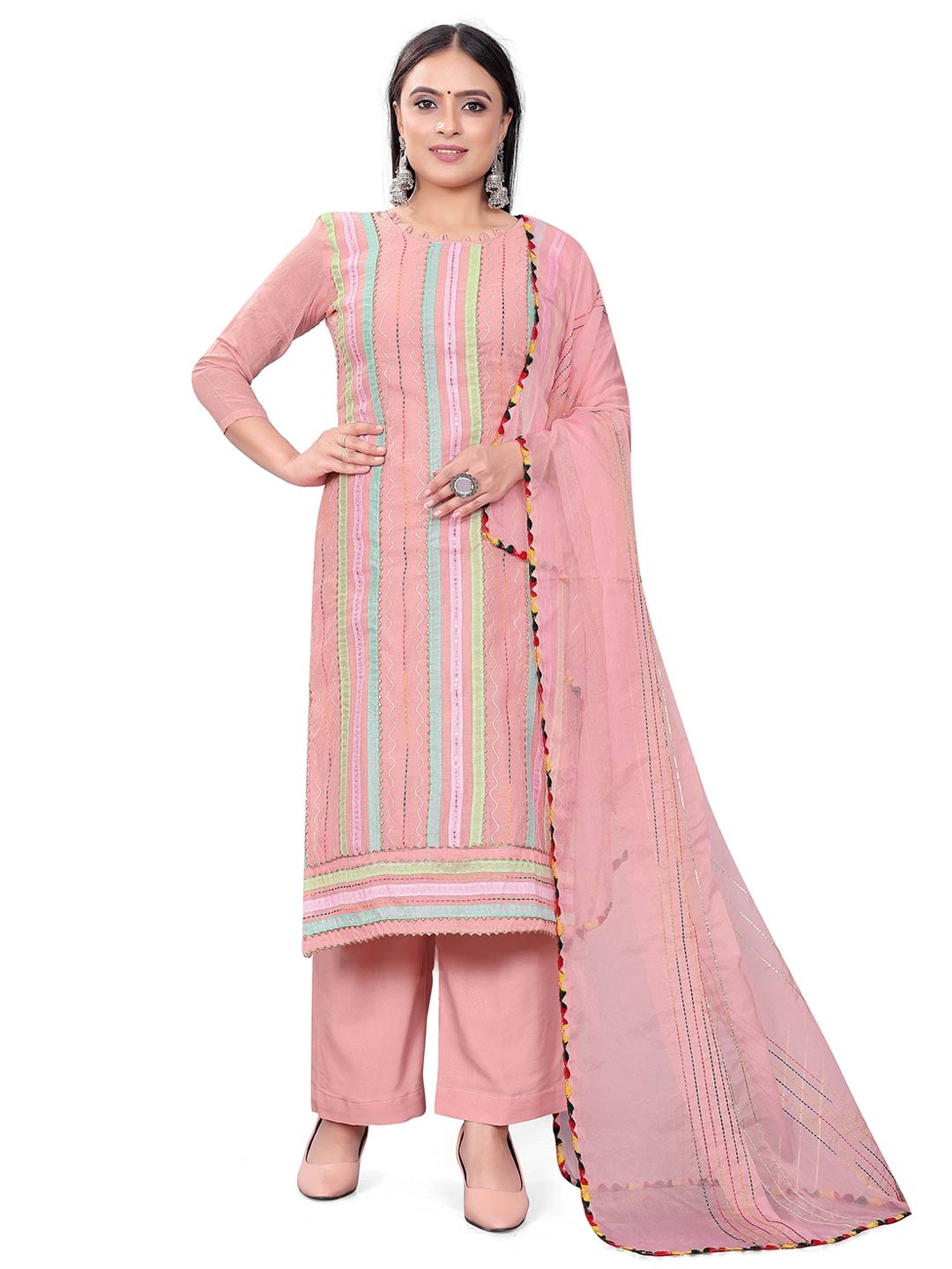 

MANVAA Pink Embroidered Gotta Patti Chanderi Cotton Unstitched Dress Material