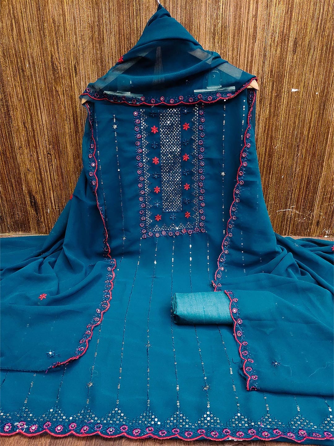 

MANVAA Floral Embroidered Silk Georgette Sequinned Unstitched Dress Material, Blue