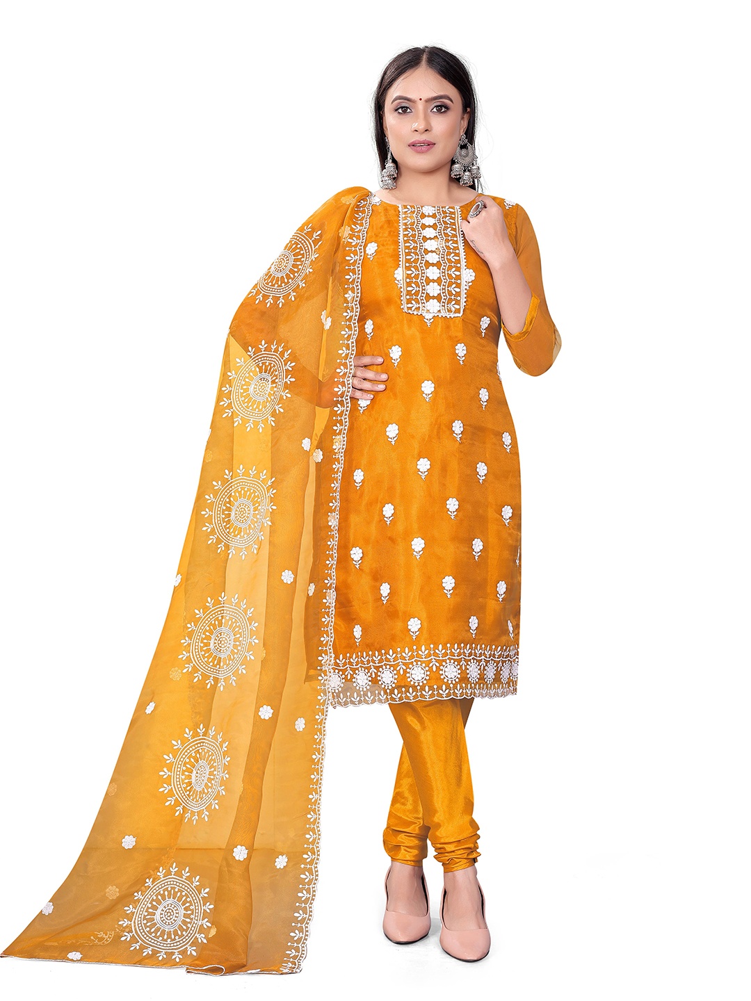 

MANVAA Ethnic Motifs Embroidered Organza Unstitched Dress Material, Yellow