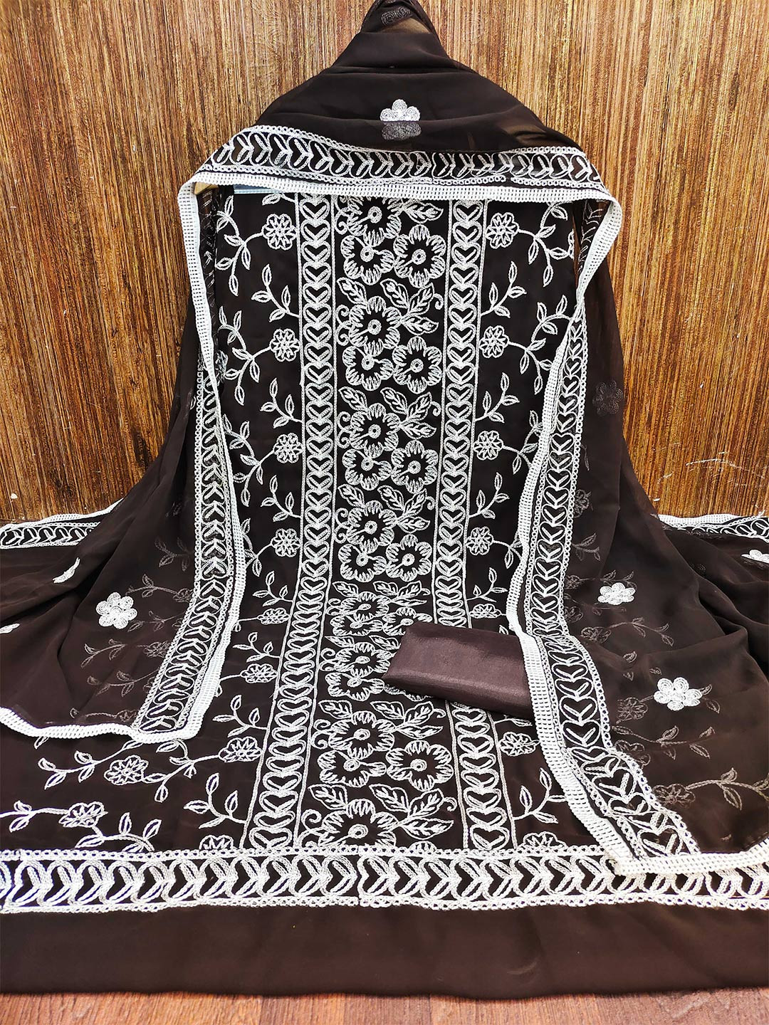 

MANVAA Floral Embroidered Unstitched Dress Material, Brown