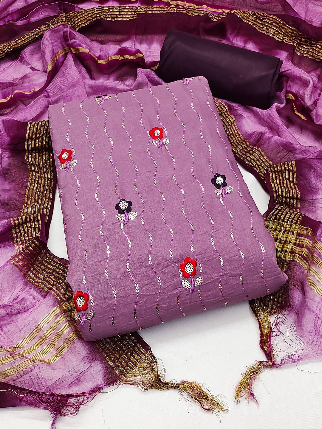 

MANVAA Sequin Embroidered Unstitched Dress Material, Purple