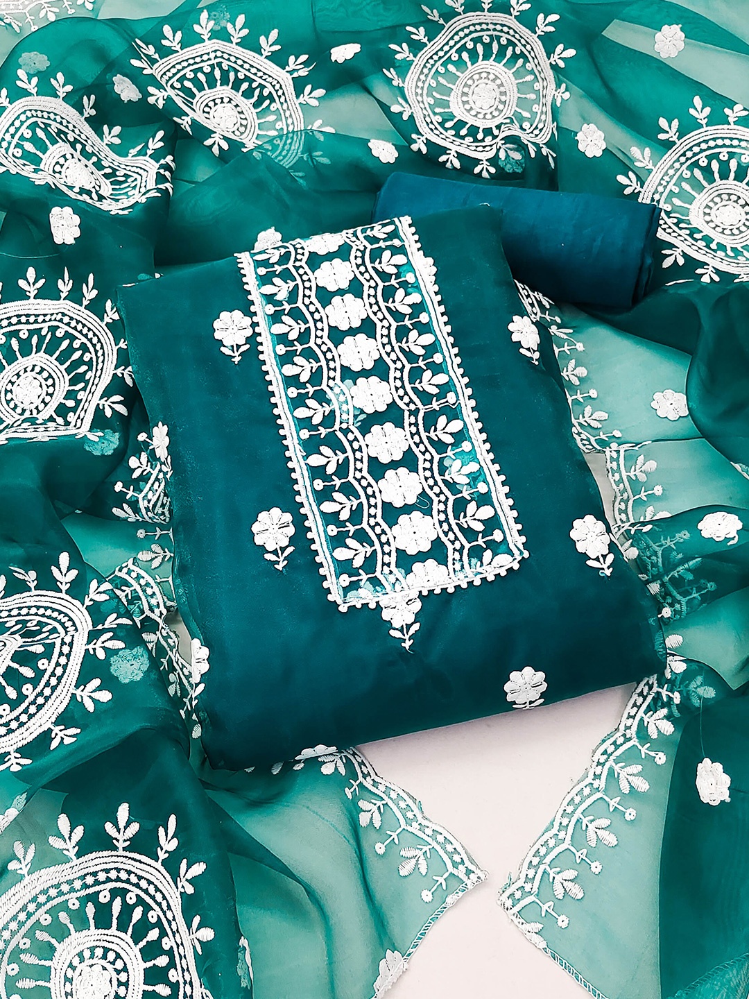 

MANVAA Floral Embroidered Organza Unstitched Dress Material, Green
