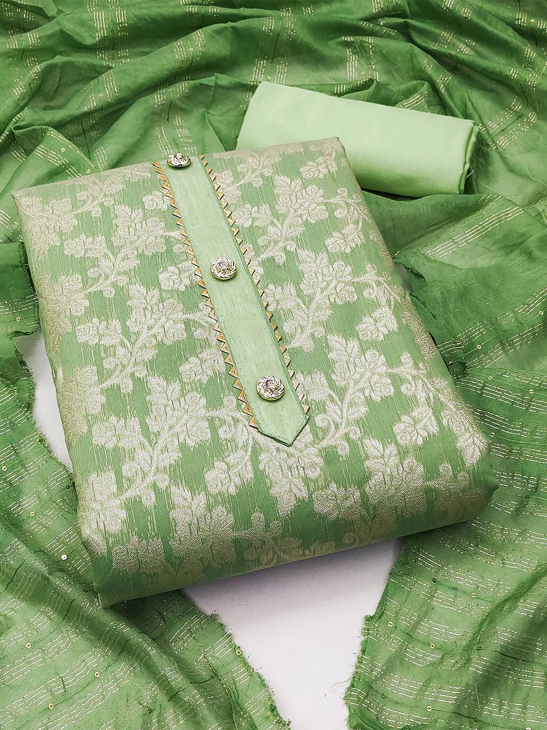 

MANVAA Woven Design Gotta Patti Unstitched Dress Material, Green