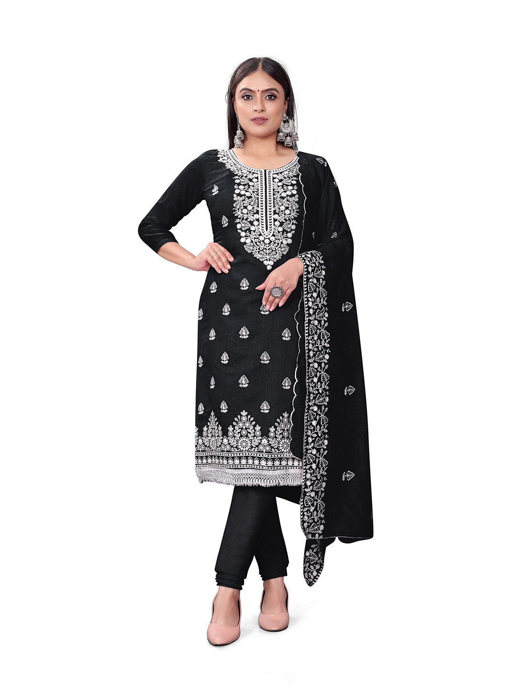 

MANVAA Floral Embroidered Unstitched Dress Material, Black