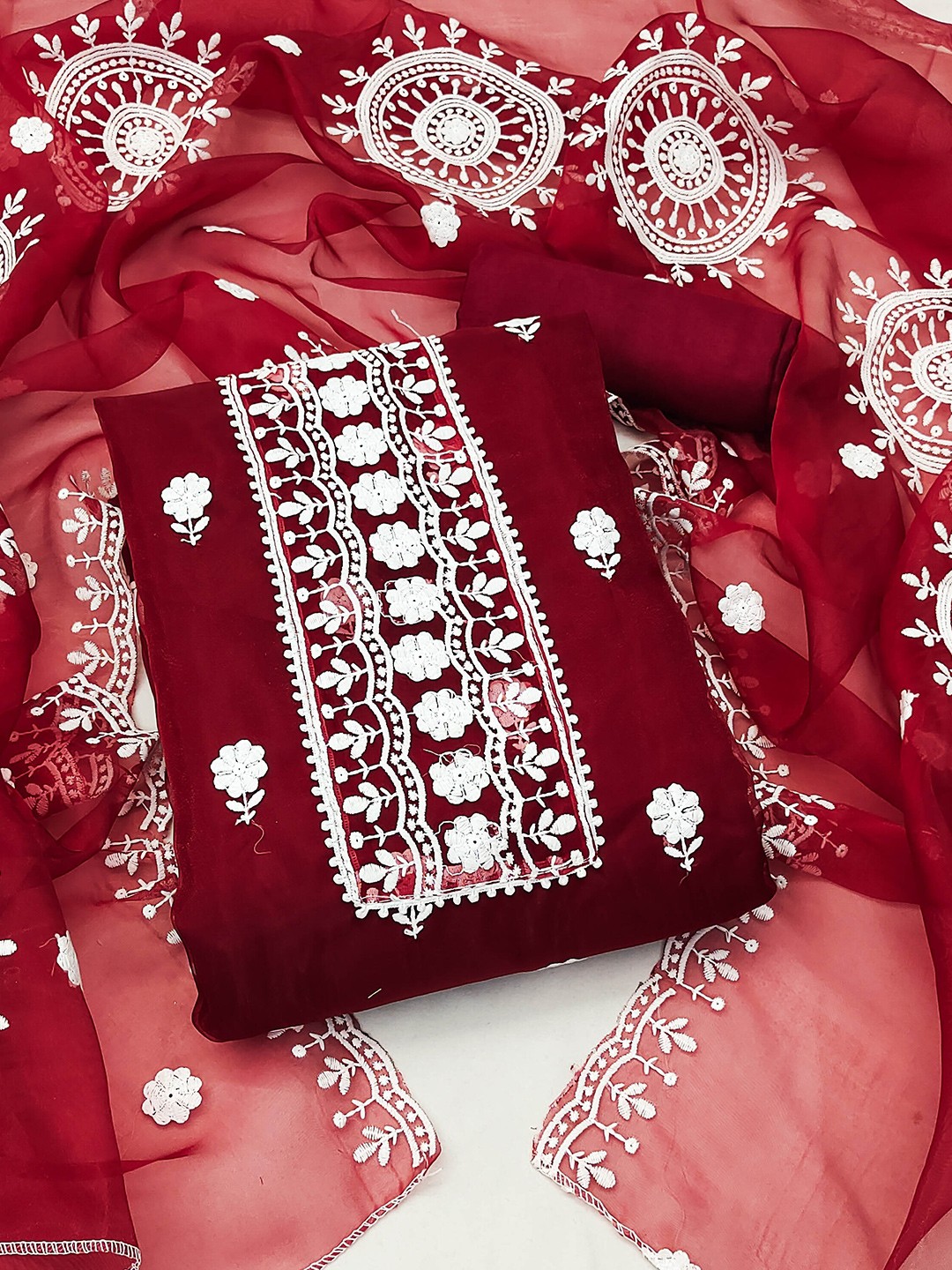 

MANVAA Floral Embroidered Organza Unstitched Dress Material, Maroon