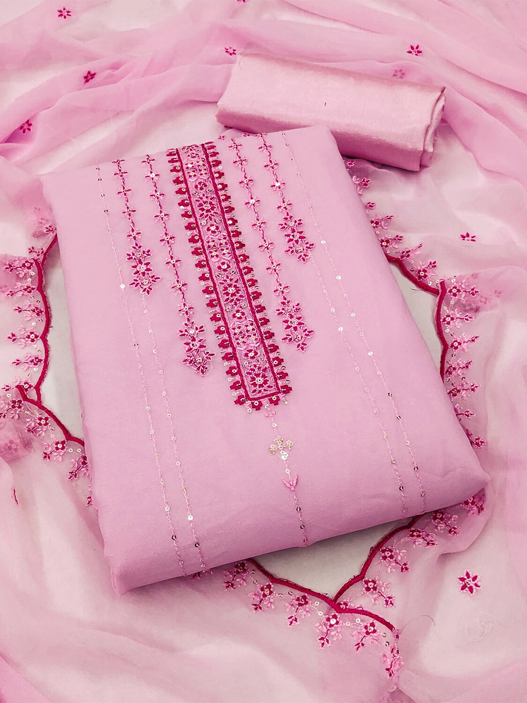 

MANVAA Embellished Sequinned Silk Georgette Unstitched Dress Material, Pink