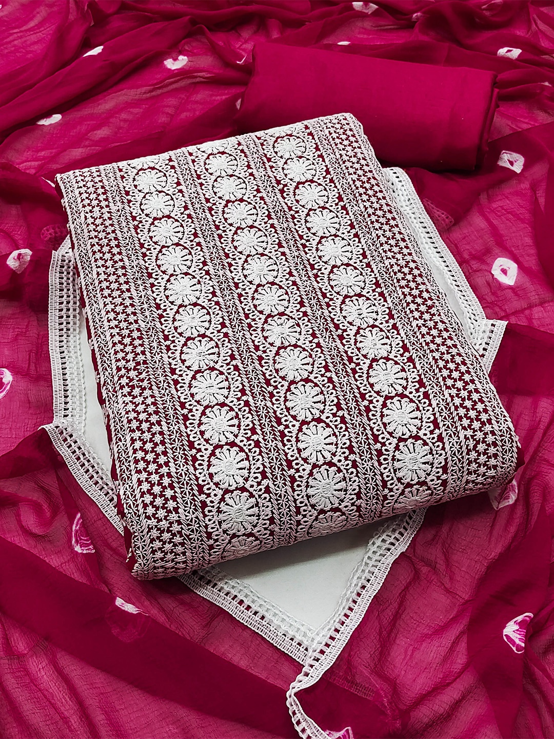 

MANVAA Ethnic Motifs Embroidered Unstitched Dress Material, Pink