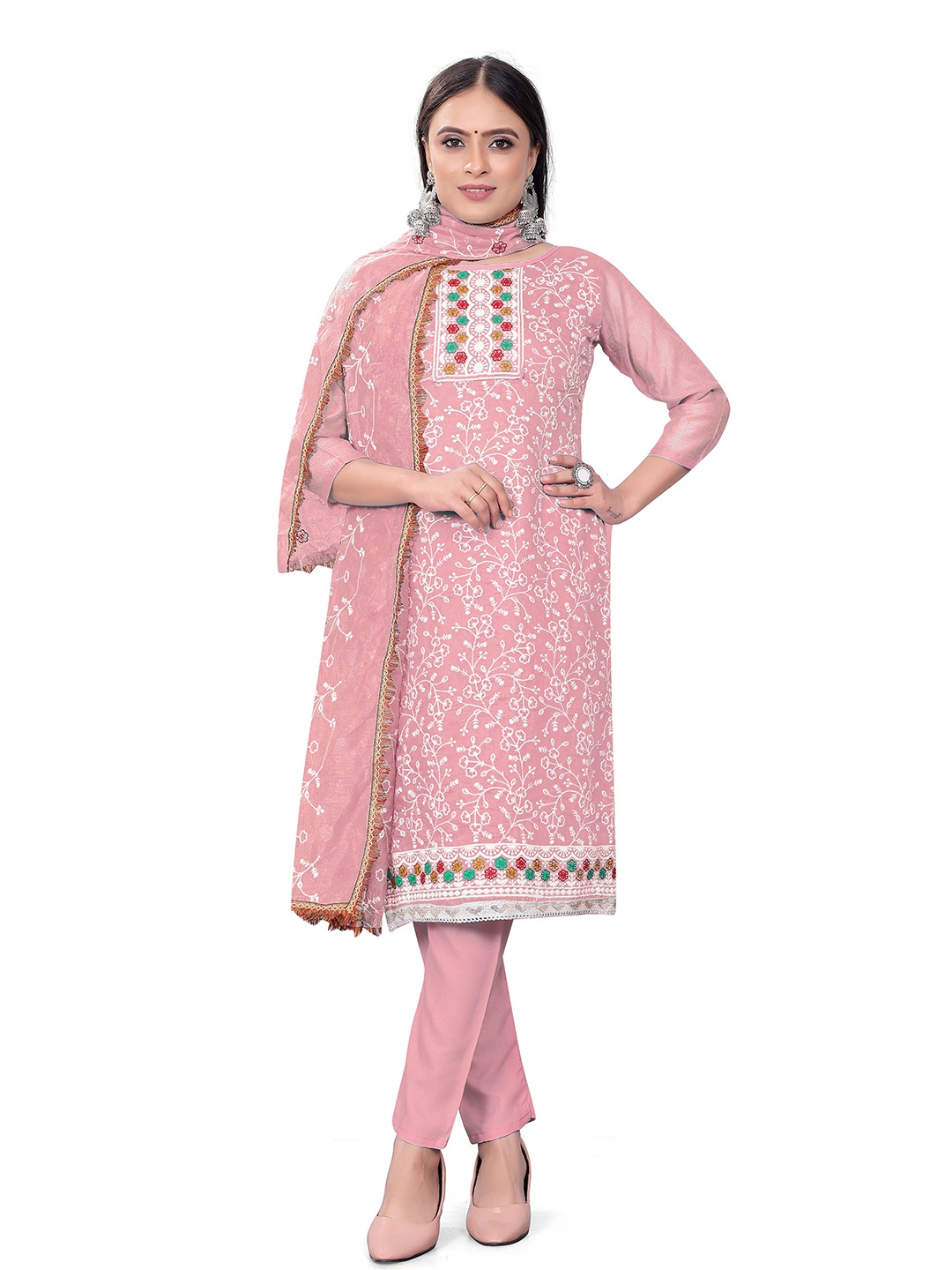

MANVAA Floral Embroidered Unstitched Dress Material, Pink