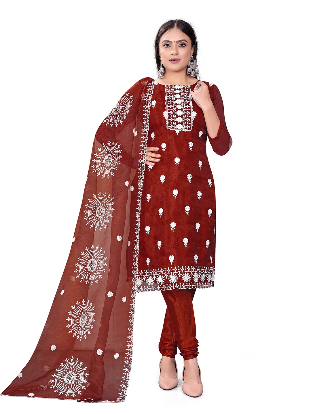 

MANVAA Embroidered Organza Unstitched Dress Material, Maroon