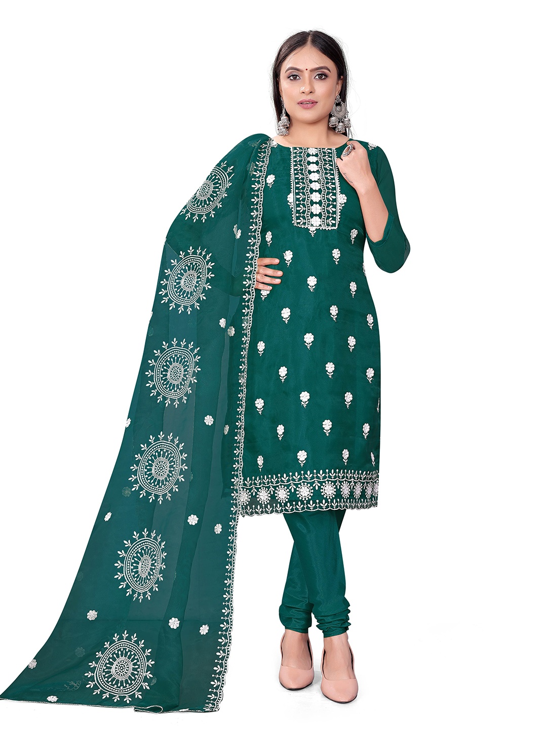 

MANVAA Floral Embroidered Organza Unstitched Dress Material, Green