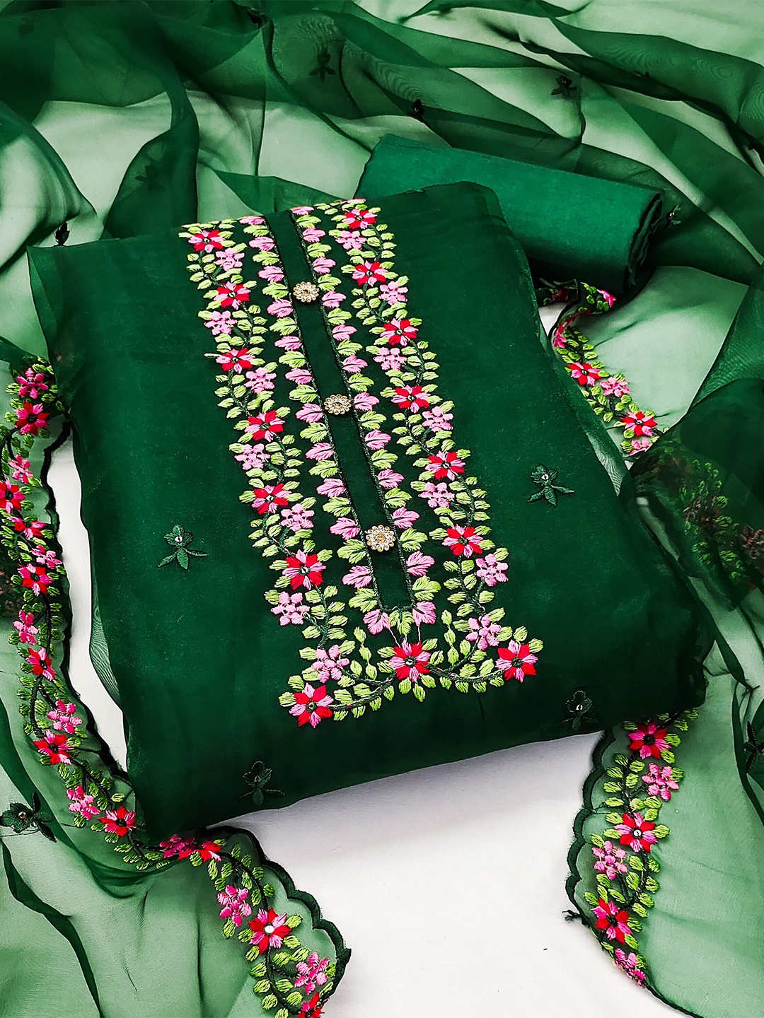 

MANVAA Floral Embroidered Unstitched Dress Material, Green