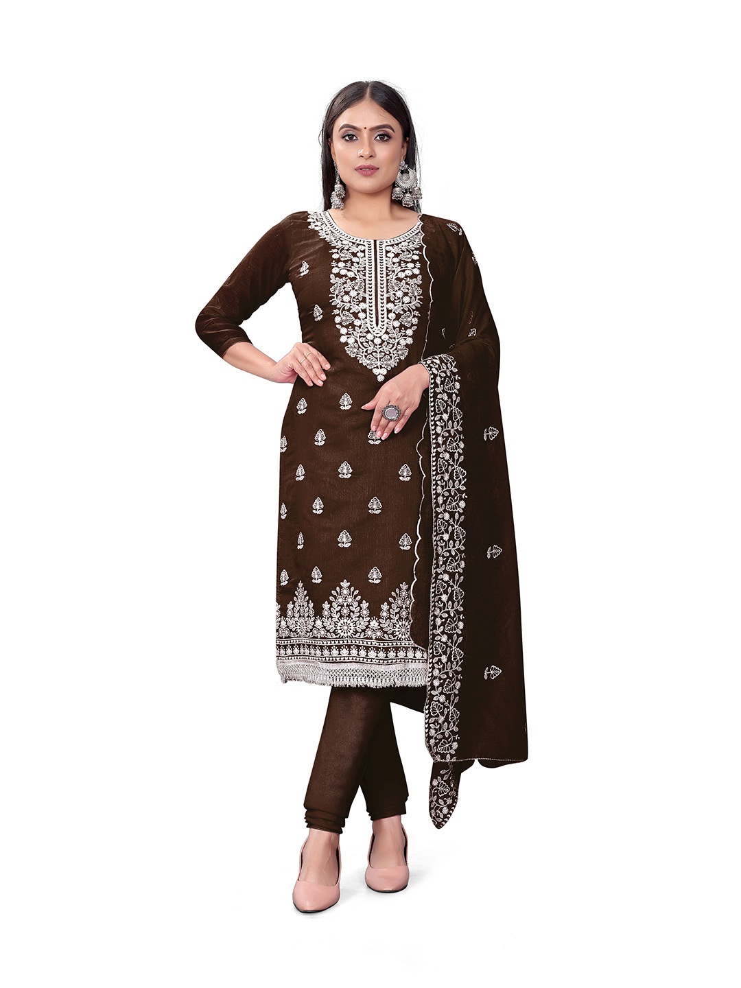 

MANVAA Ethnic Motifs Embroidered Chanderi Cotton Unstitched Dress Material, Brown