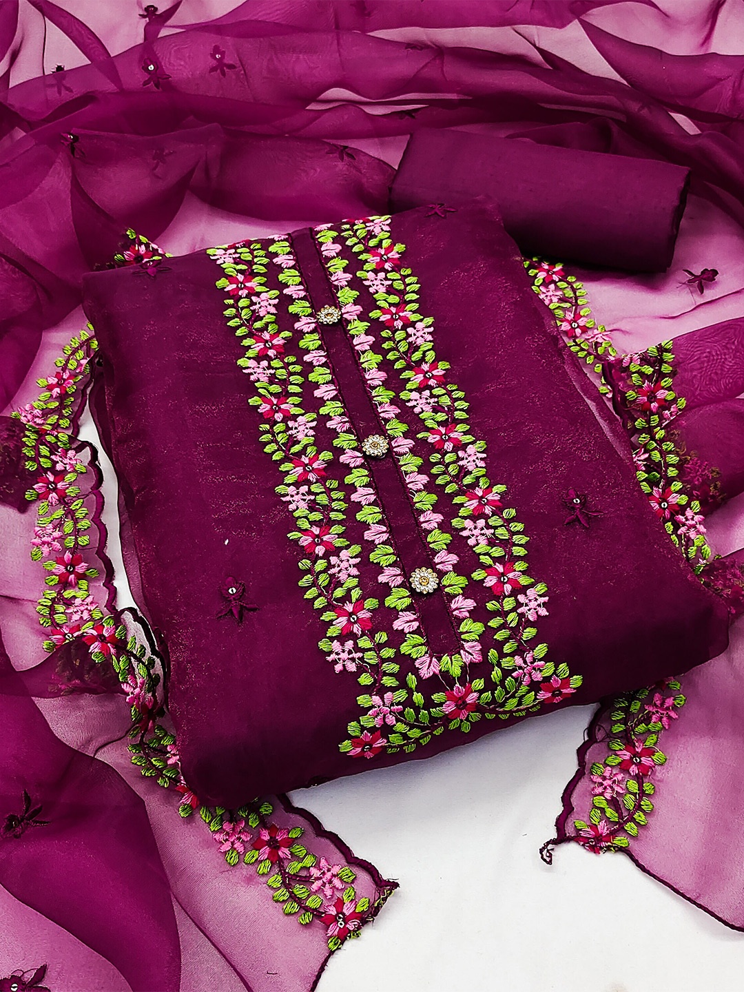 

MANVAA Ethnic Motifs Embroidered Organza Unstitched Dress Material, Magenta