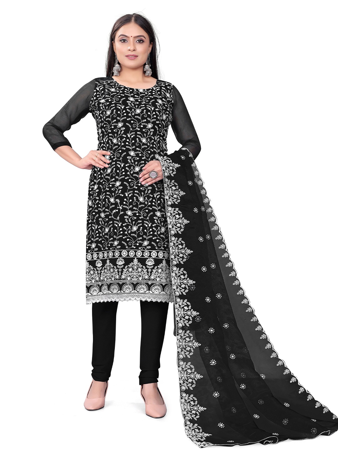 

MANVAA Floral Embroidered Organza Unstitched Dress Material, Black