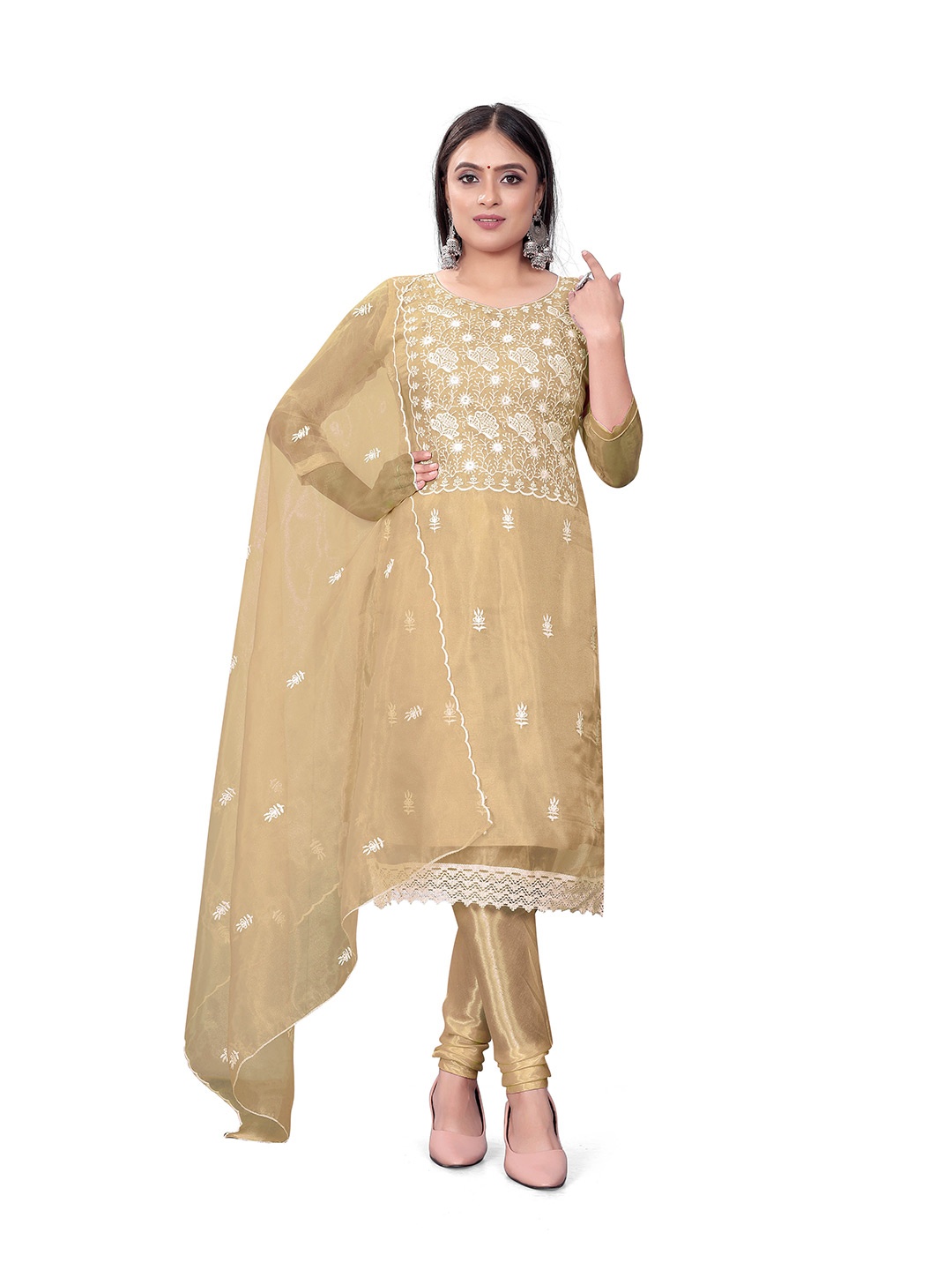 

MANVAA Floral Embroidered Organza Unstitched Dress Material, Beige