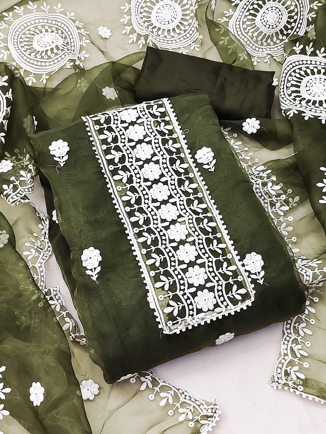 

MANVAA Ethnic Motifs Embroidered Organza Unstitched Dress Material, Green