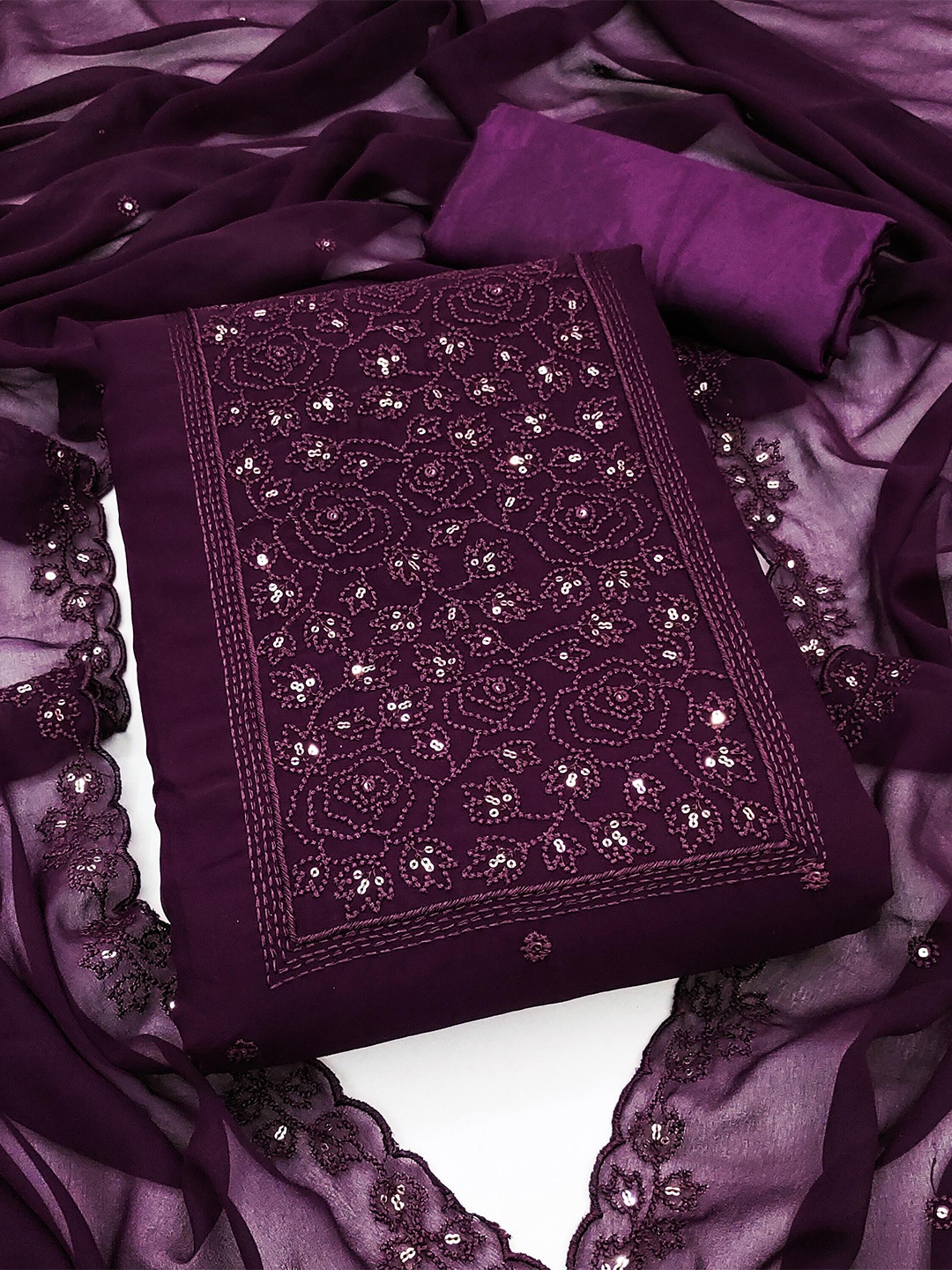 

MANVAA Floral Embroidered Silk Georgette Unstitched Dress Material, Purple
