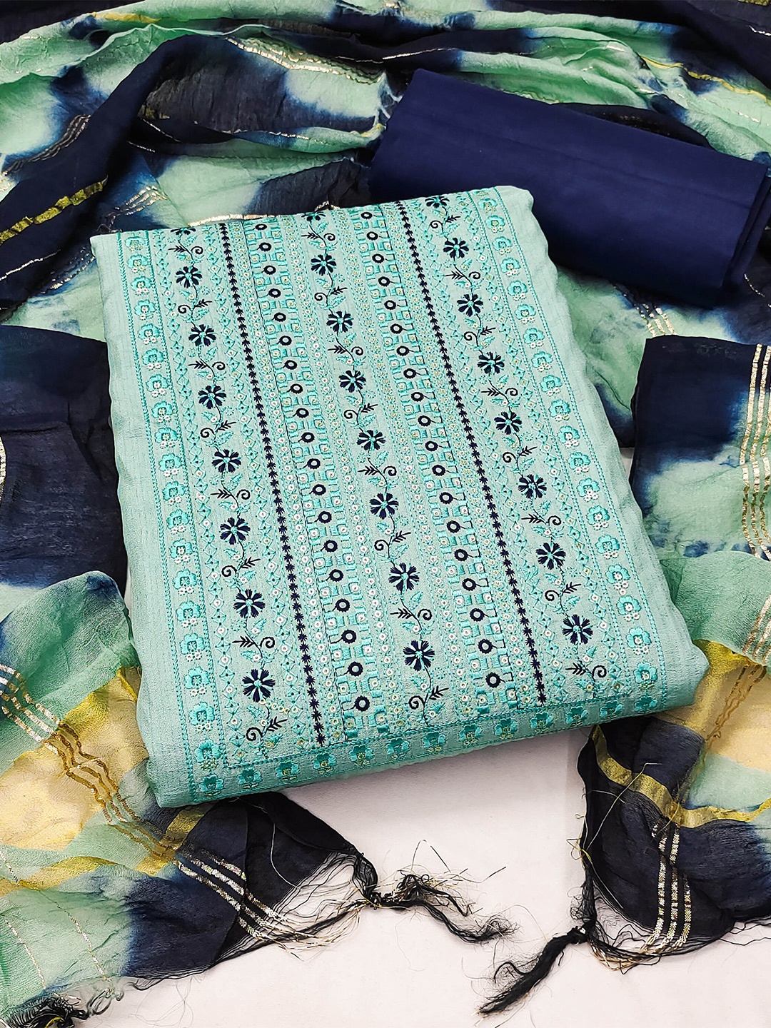 

MANVAA Floral Embroidered Sequinned Unstitched Dress Material, Sea green
