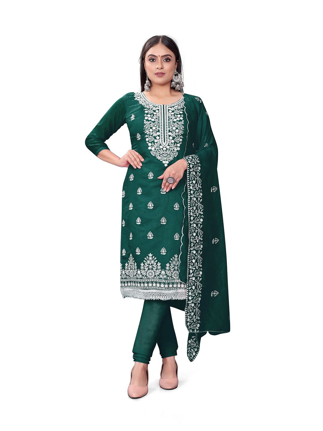 

MANVAA Ethnic Motifs Embroidered Unstitched Dress Material, Green