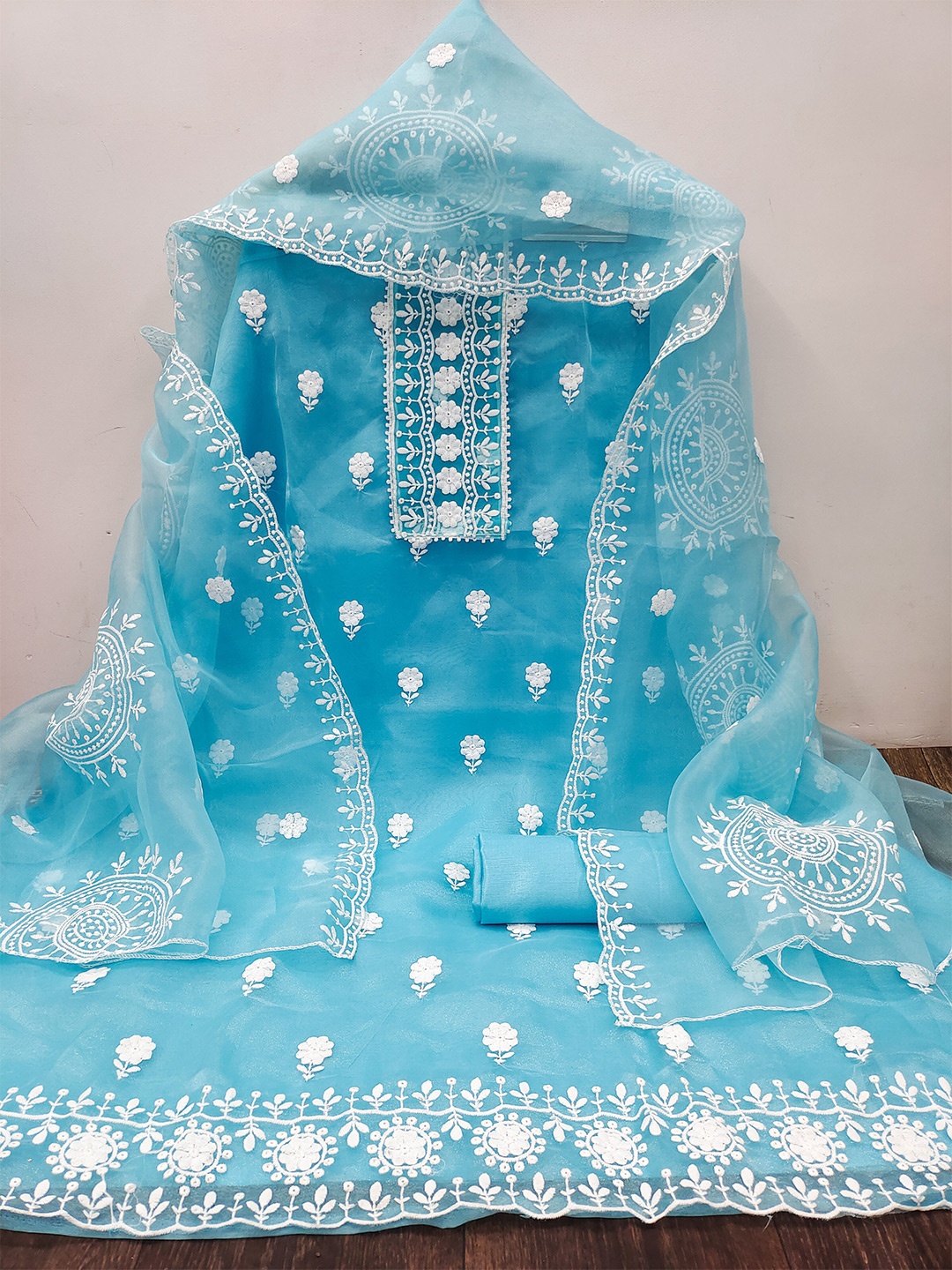 

MANVAA Floral Embroidered Unstitched Organza Dress Material, Blue