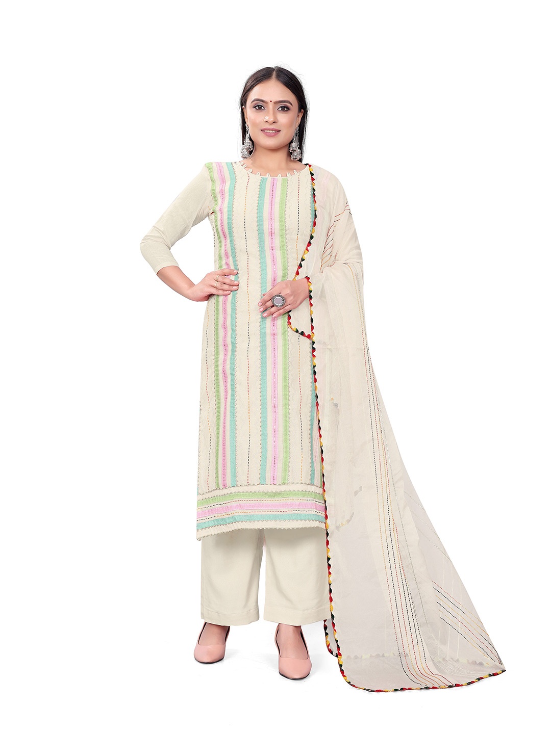 

MANVAA Striped Embroidered Unstitched Dress Material, Off white