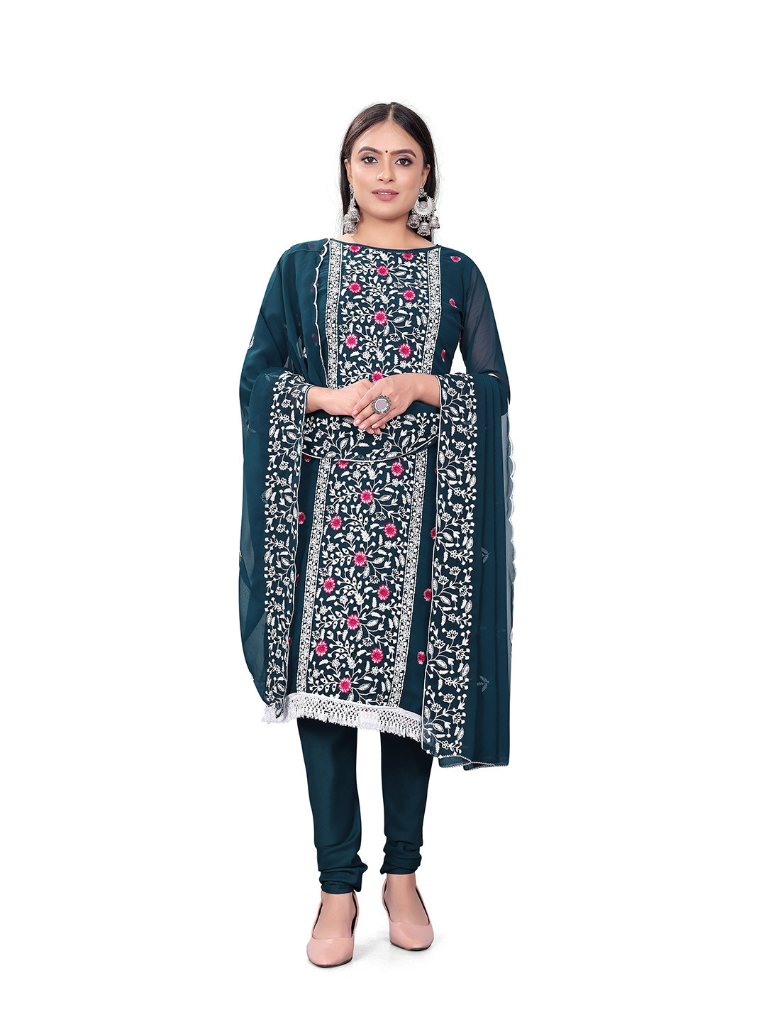 

MANVAA Floral Embroidered Silk Georgette Unstitched Dress Material, Teal