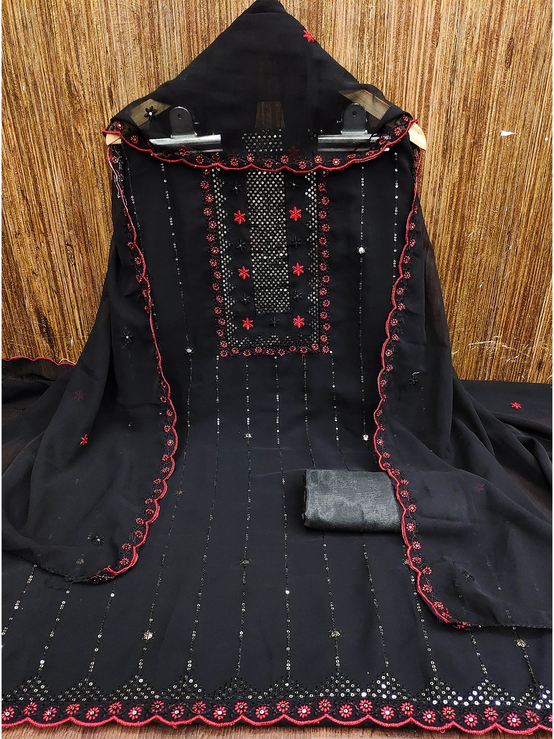 

MANVAA Floral Embroidered Silk Georgette Unstitched Dress Material, Black
