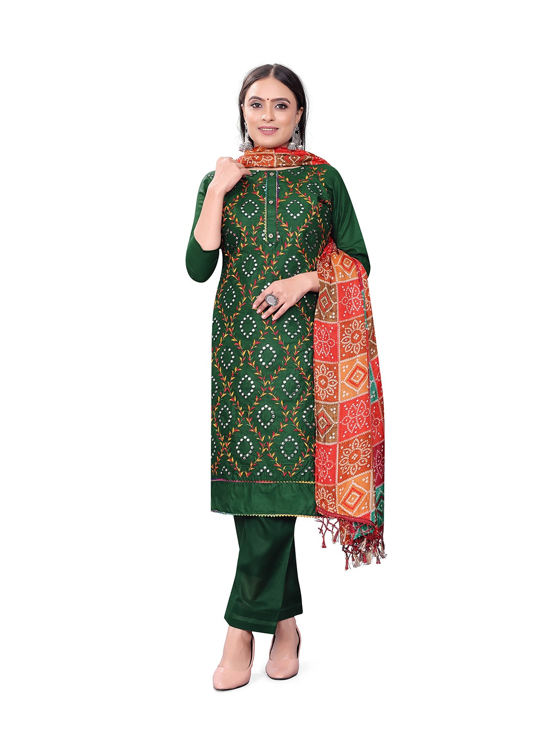 

MANVAA Ethnic Motifs Mirror Work Embroidered Unstitched Dress Material, Green