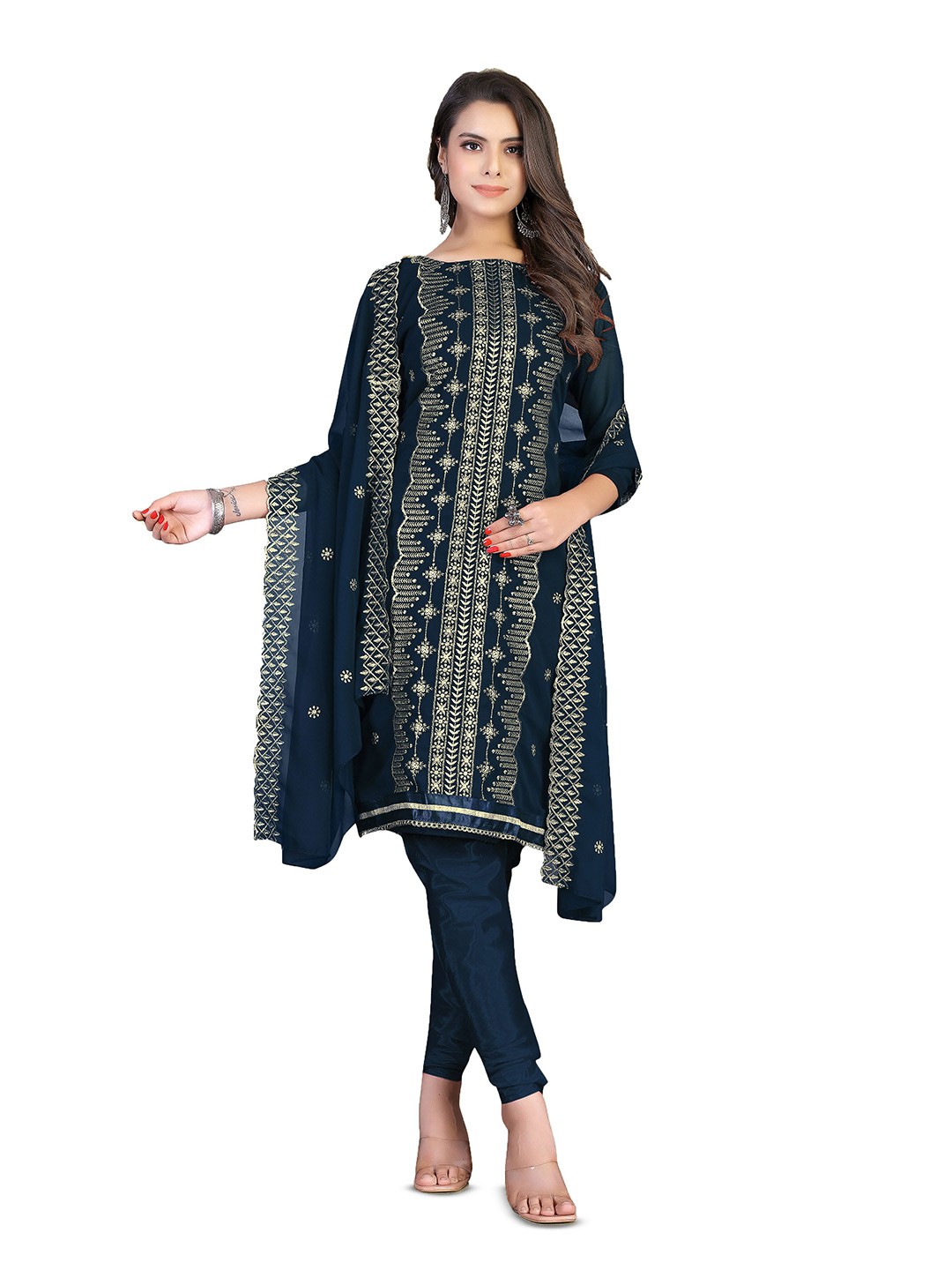 

MANVAA Ethnic Motifs Embroidered Zari Unstitched Dress Material, Teal