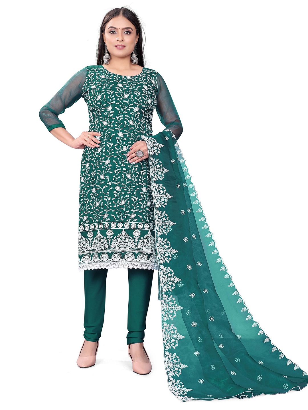 

MANVAA Floral Embroidered Organza Unstitched Dress Material, Green