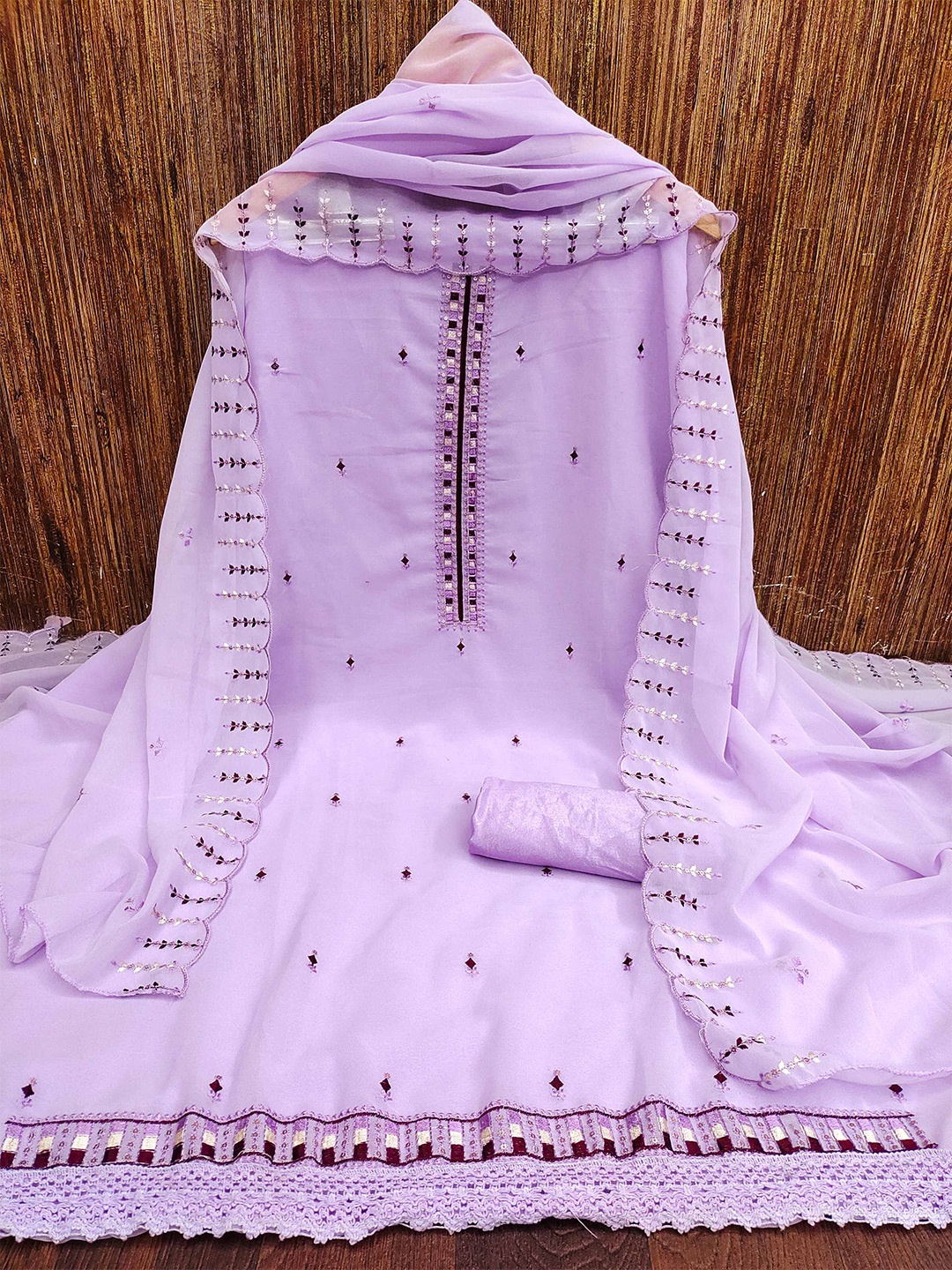 

MANVAA Ethnic Motif Embroidered Silk Georgette Unstitched Dress Material, Purple