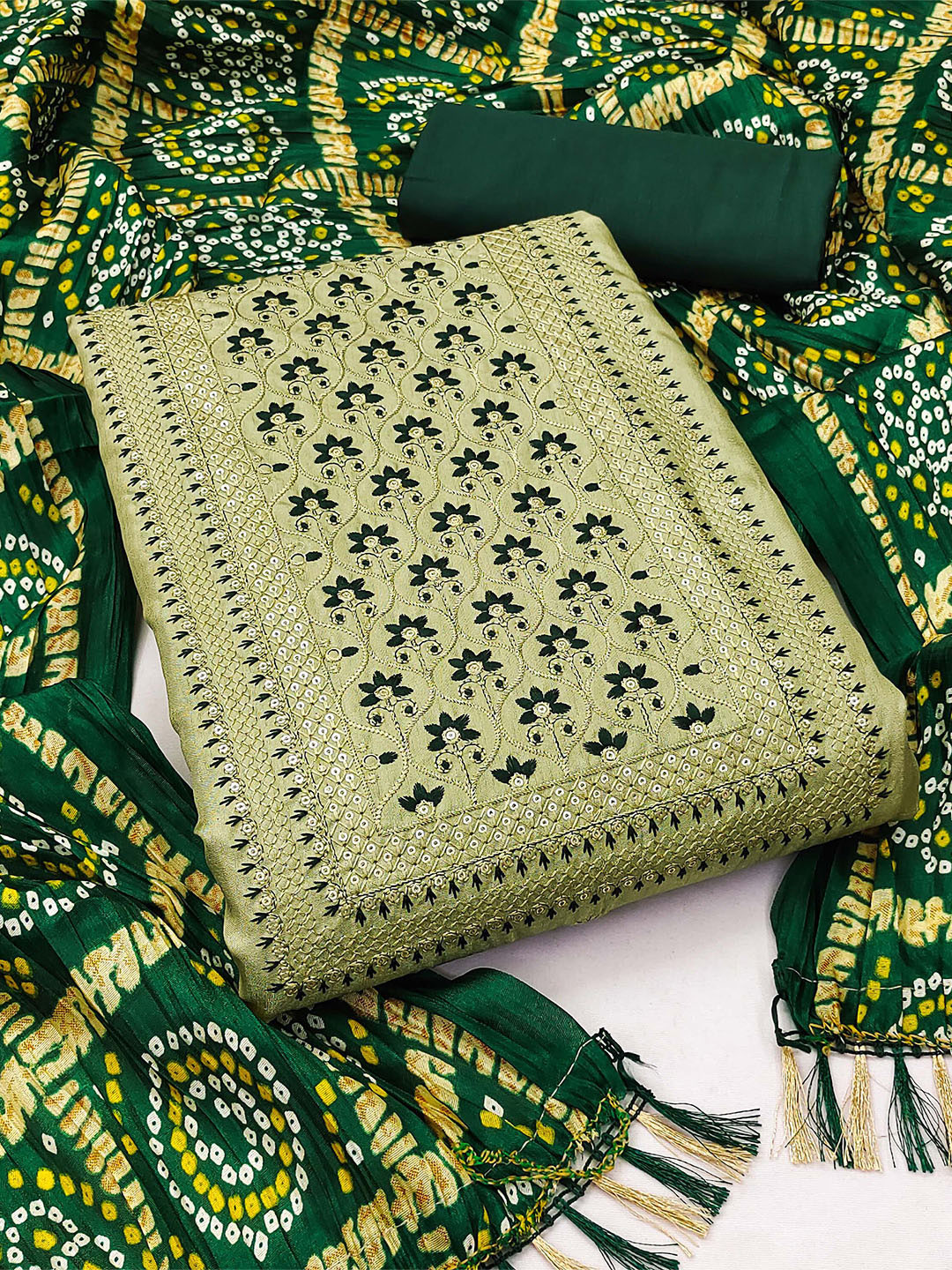 

MANVAA Ethnic Motifs Embroidered Sequinned Unstitched Dress Material, Green