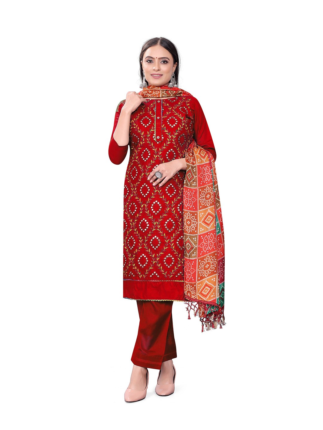 

MANVAA Mirror Work Embroidered Cotton Unstitched Dress Material, Red