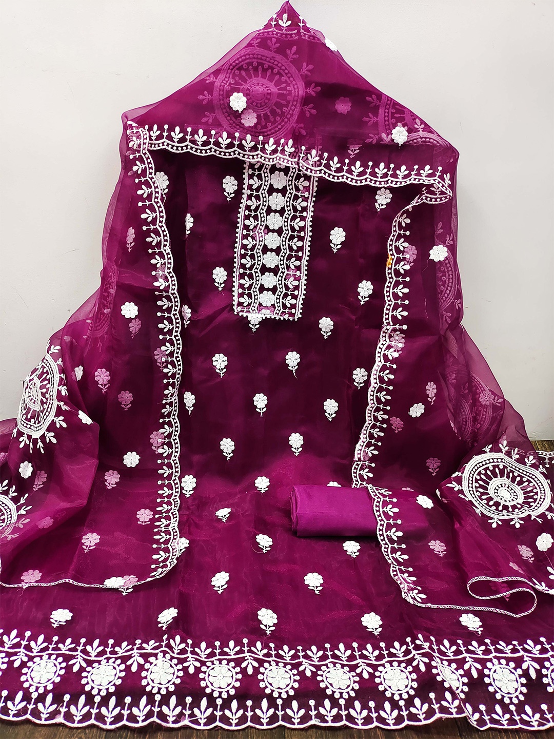 

MANVAA Floral Embroidered Unstitched Dress Material, Magenta