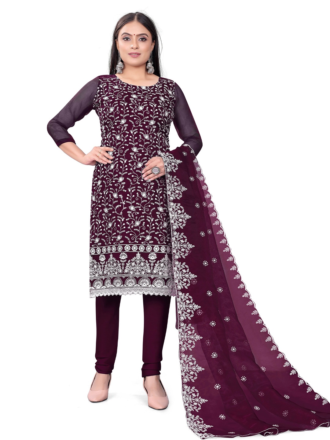 

MANVAA Floral Embroidered Organza Unstitched Dress Material, Purple