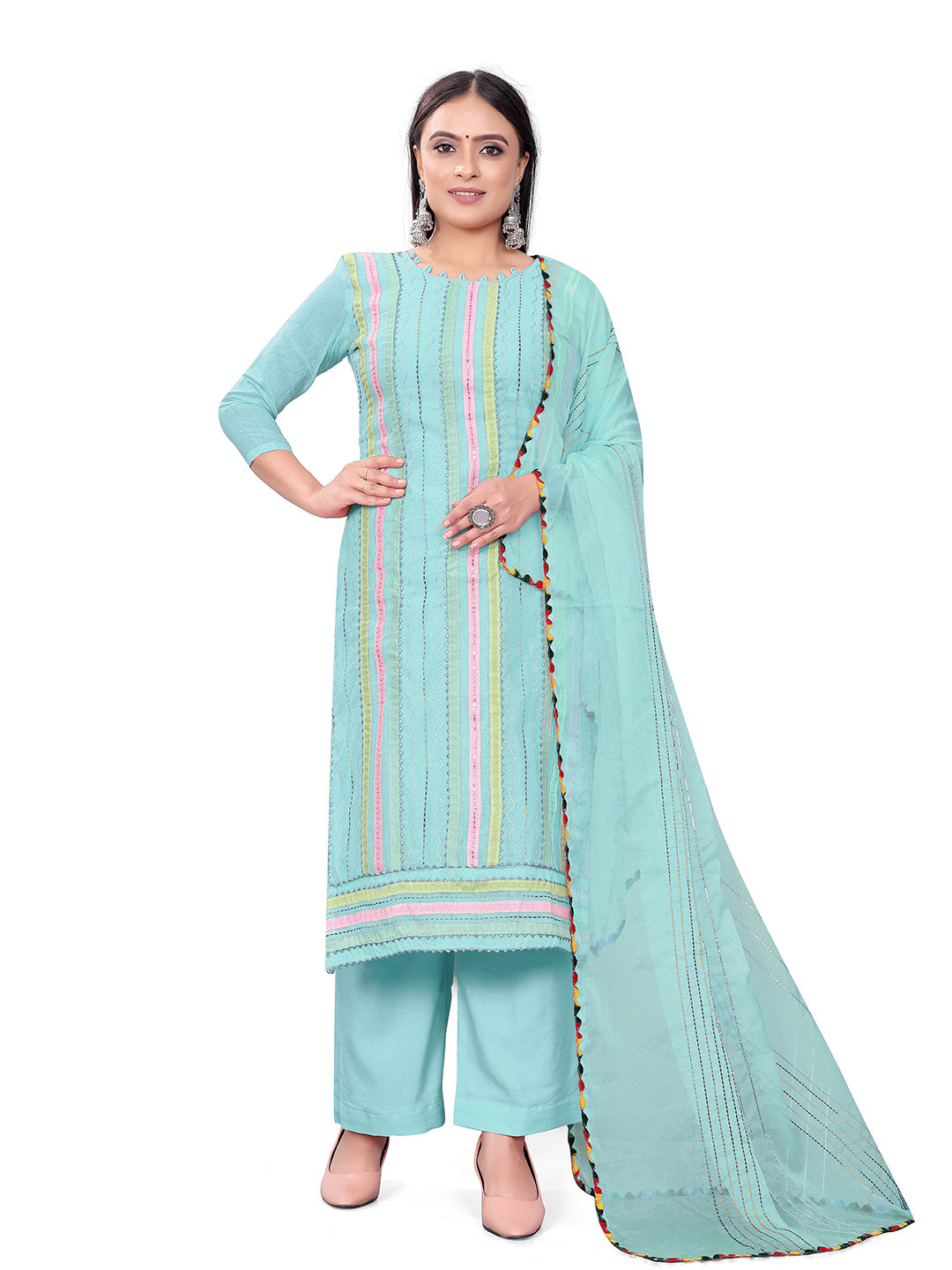 

MANVAA Embroidered Gotta Patti Unstitched Dress Material, Sea green
