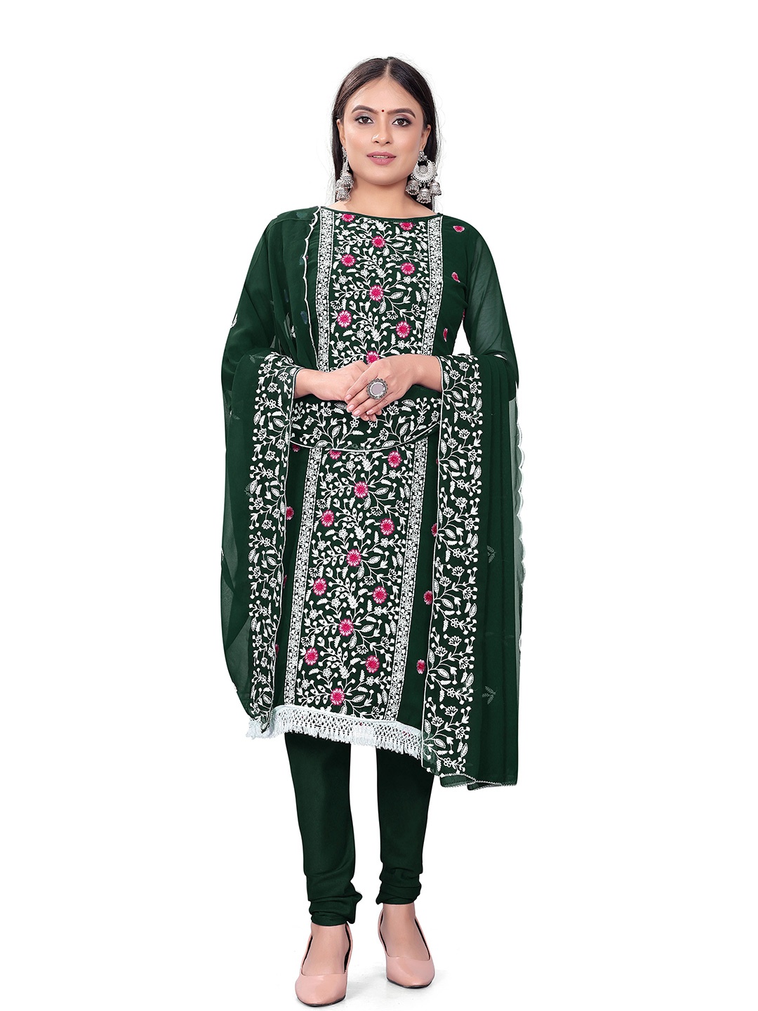 

MANVAA Sequin Embroidered Georgette Unstitched Dress Material, Green