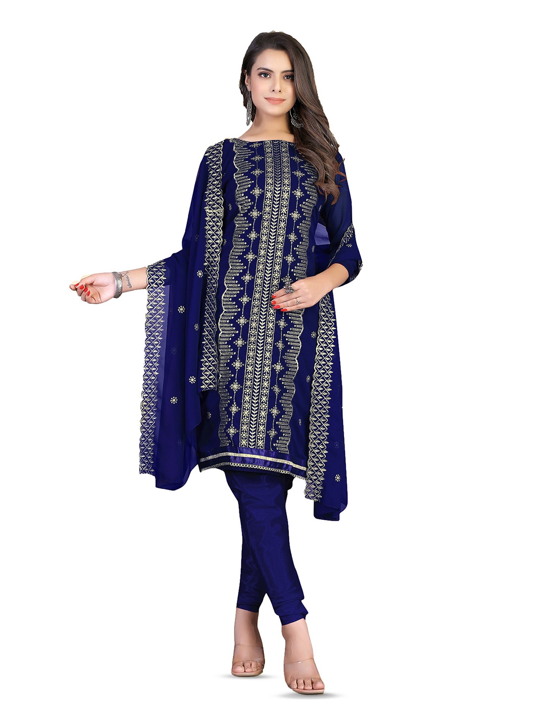

MANVAA Floral Embroidered Unstitched Dress Material, Blue