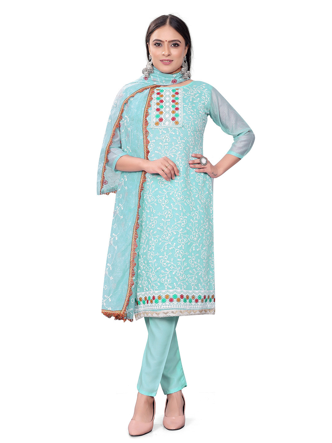 

MANVAA Floral Embroidered Unstitched Dress Material, Blue