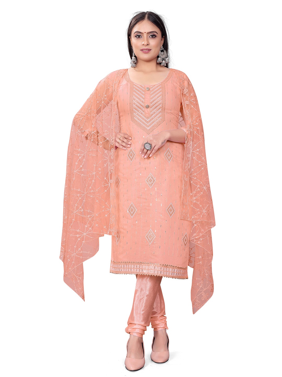 

MANVAA Ethnic Motifs Sequinned Embroidered Unstitched Dress Material, Peach
