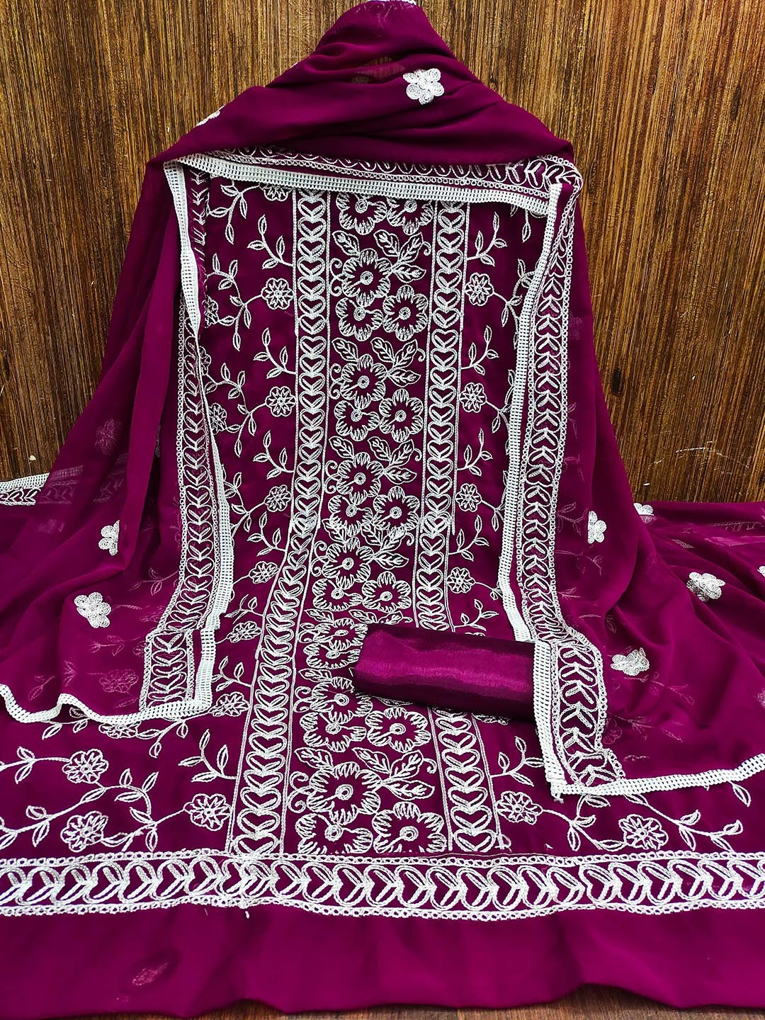 

MANVAA Floral Embroidered Unstitched Dress Material, Magenta