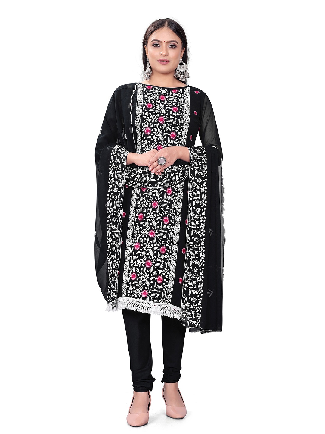 

MANVAA Floral Embroidered Silk Georgette Unstitched Dress Material, Black
