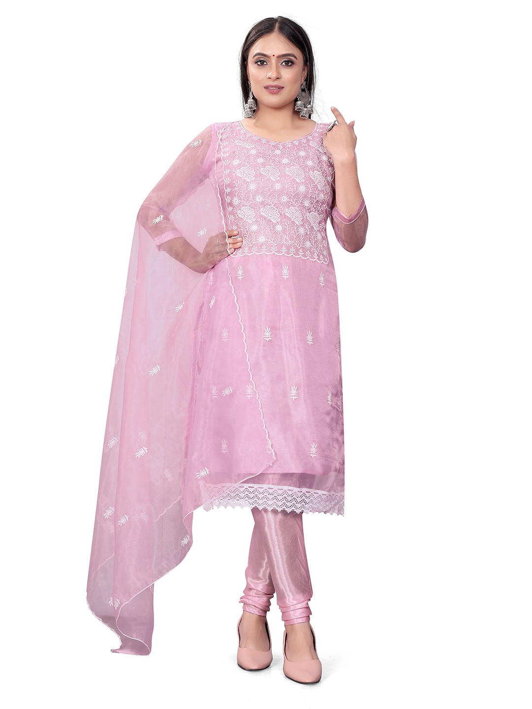 

MANVAA Floral Embroidered Unstitched Dress Material, Pink