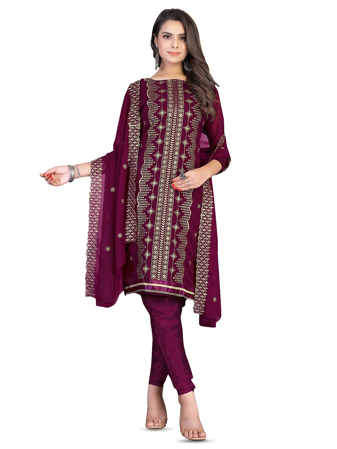 

MANVAA Floral Embroidered Zari Unstitched Dress Material, Magenta