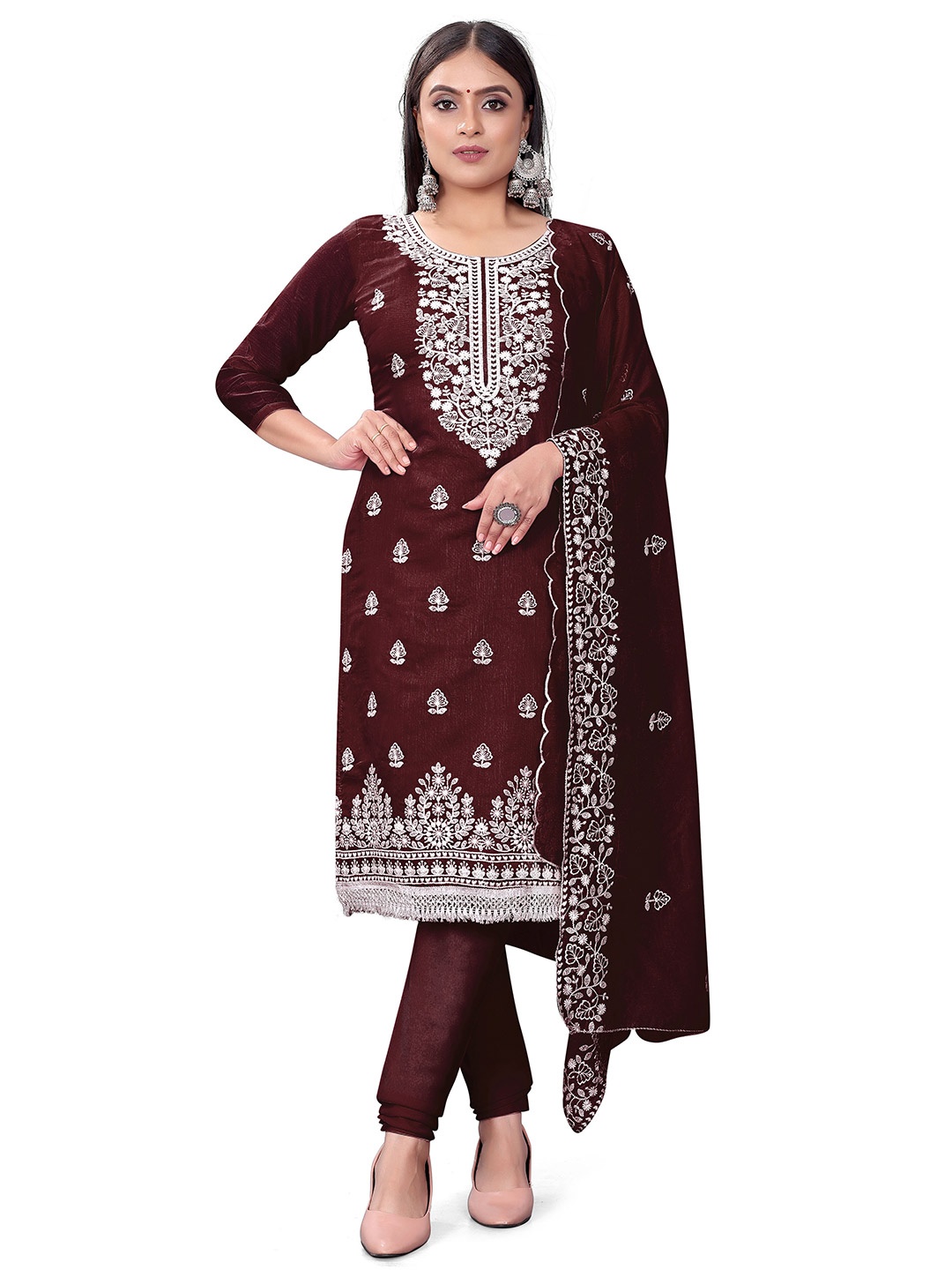 

MANVAA Ethnic Motifs Embroidered Unstitched Dress Material, Maroon