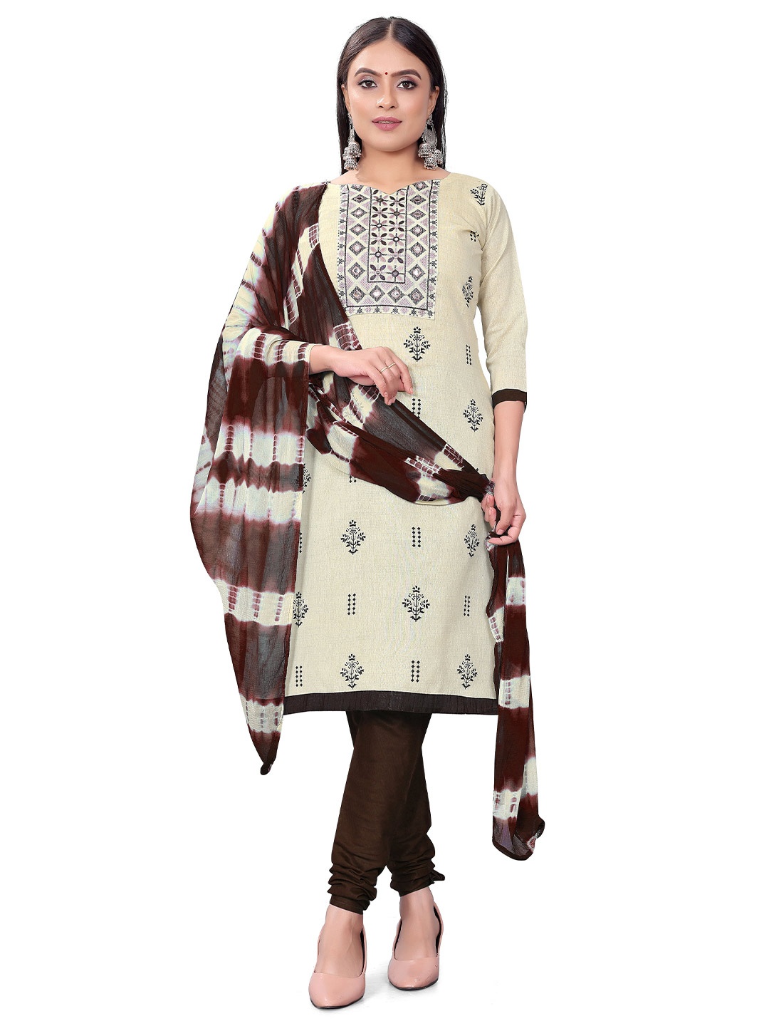 

MANVAA Geometric Embroidered Mirror Work Unstitched Dress Material, Beige