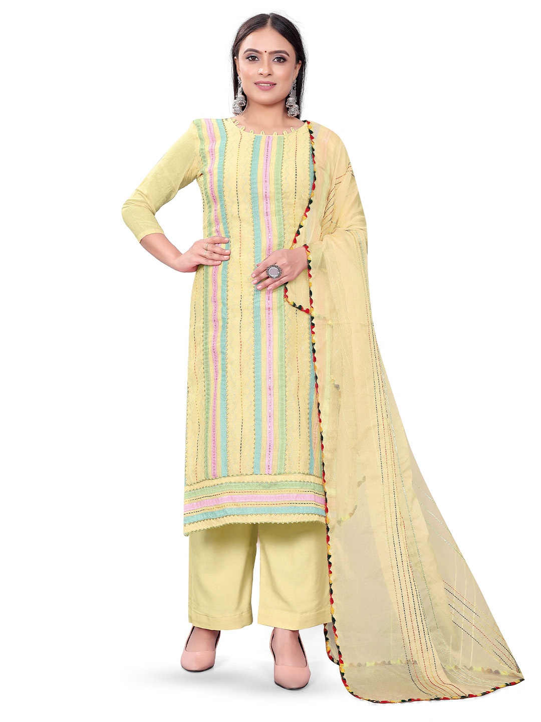 

MANVAA Striped Embroidered Unstitched Dress Material, Yellow