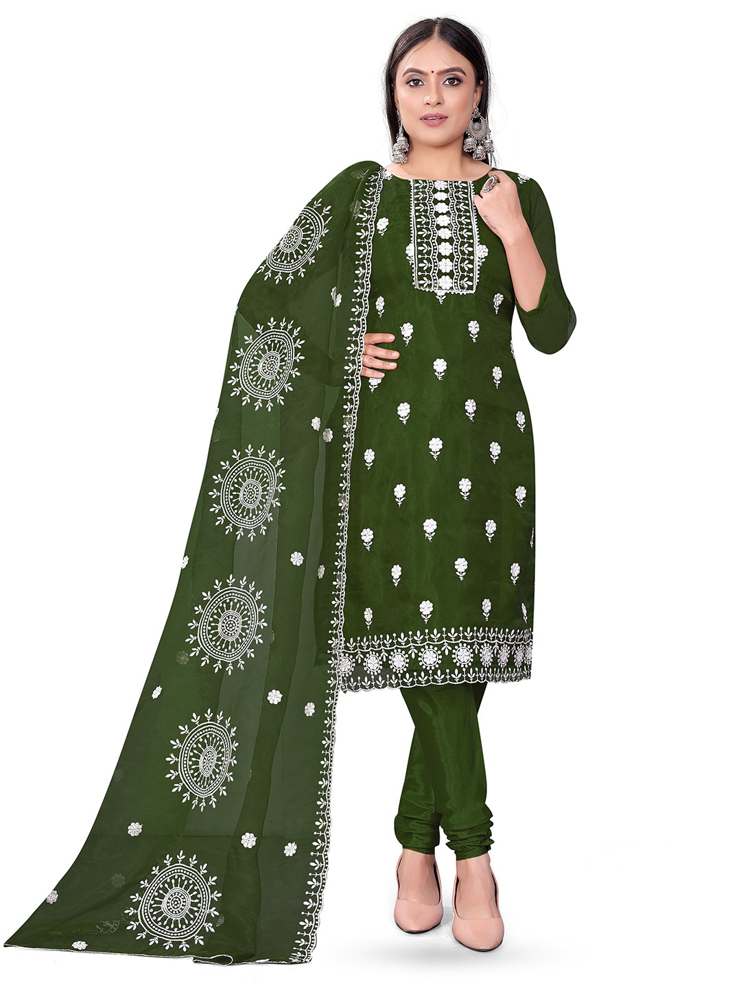 

MANVAA Floral Embroidered Organza Unstitched Dress Material, Green